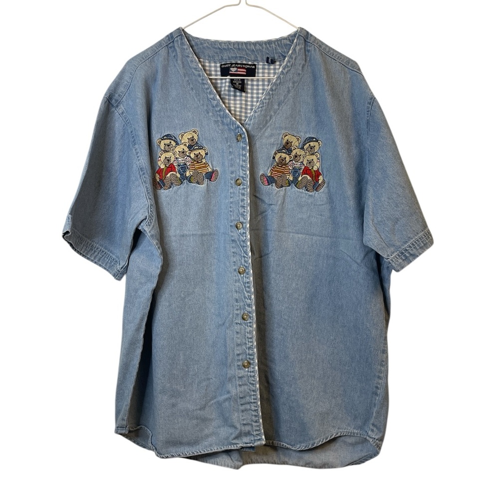 Vintage Quizz Jeans Woman Teddy Bear Embroidered Denim Shirt